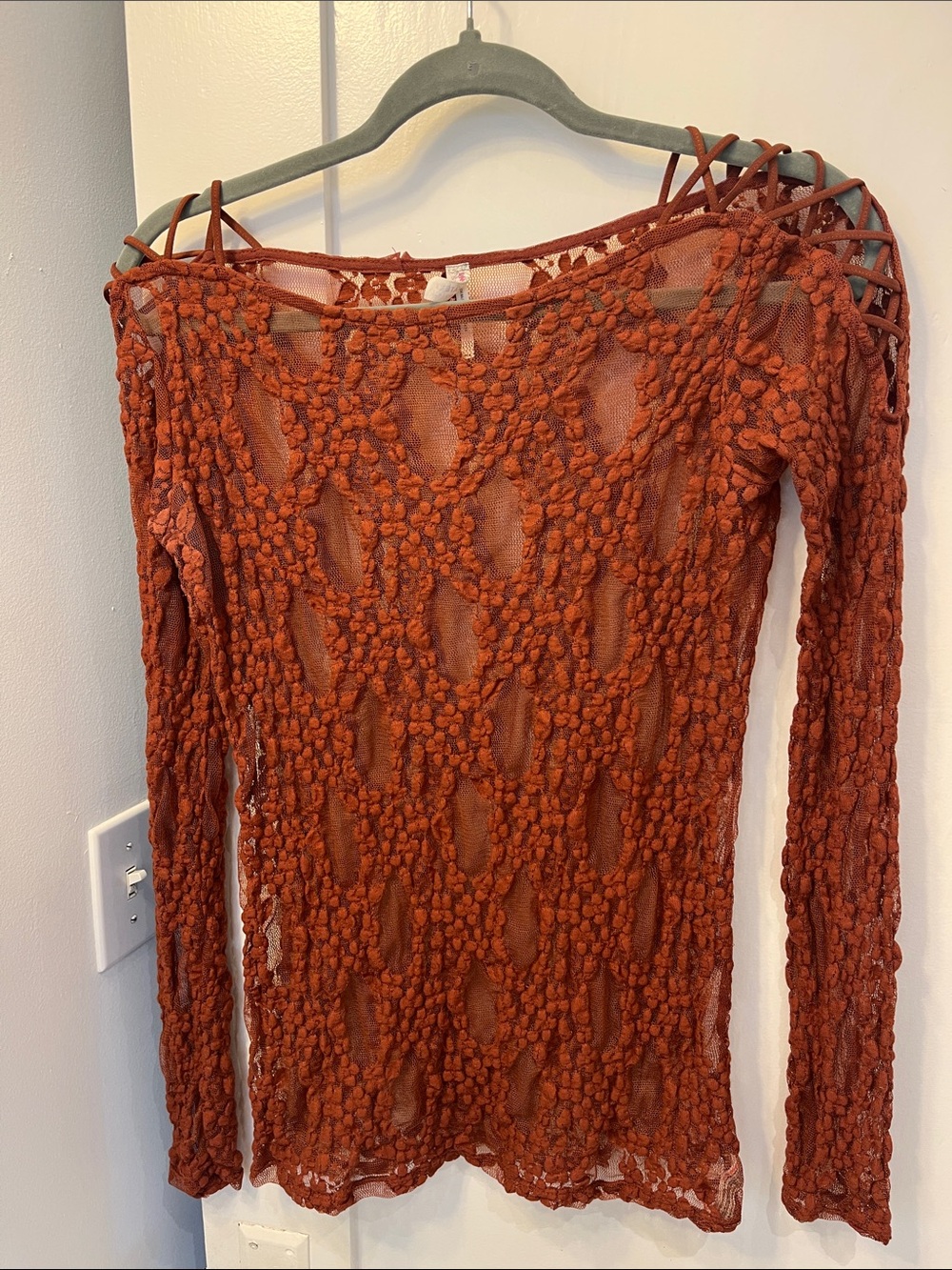 Free People Rust Orange Crochet Long Sleeve Sheer Dress Top